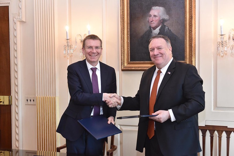 The Latvian Foreign Minister Edgars Rinkēvičs, and the United States Secretary of State, Mike Pompeo, sign a United States-Latvia Joint Declaration on 5G Security