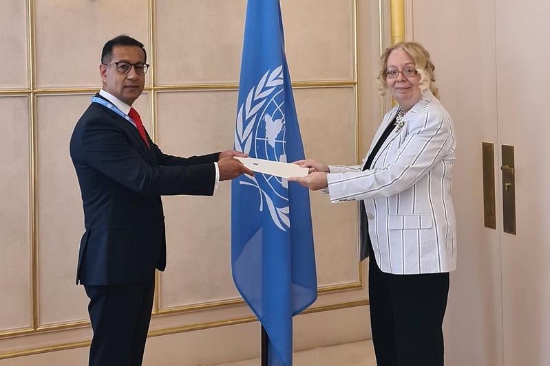 Ambassador of Latvia to the United Nations in Geneva (UNOG), Bahtijors Hasans, presents credentials to UNOG Director-General