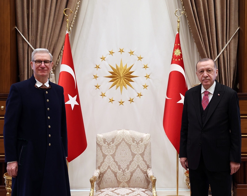 Latvia's Ambassador, Pēteris Vaivars, presents credentials to the President of Turkey