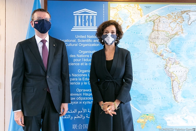 Edgars Rinkēvičs meets with Audrey Azoulay, Director-General of UNESCO in Paris 