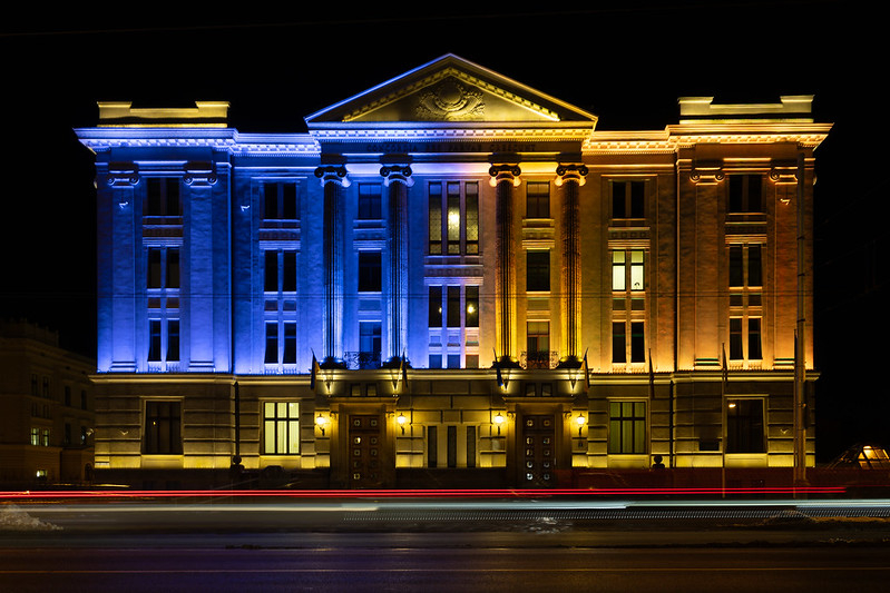  The building of the Ministry of Foreign Affairs is illuminated in the colors of the Ukrainian flag