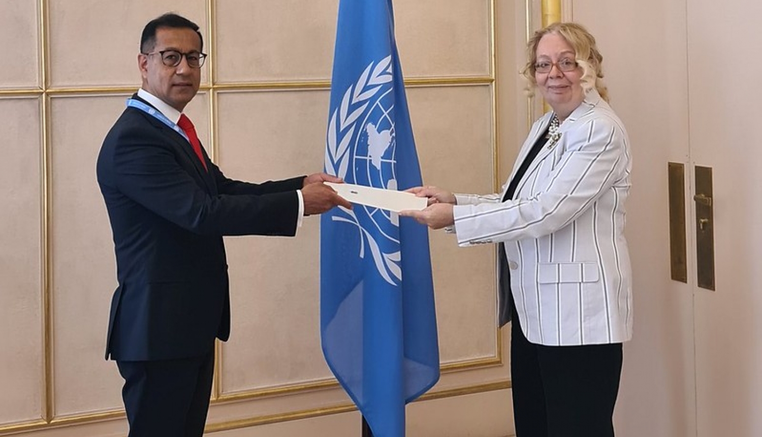 Ambassador of Latvia to the United Nations in Geneva (UNOG), Bahtijors Hasans, presents credentials to UNOG Director-General